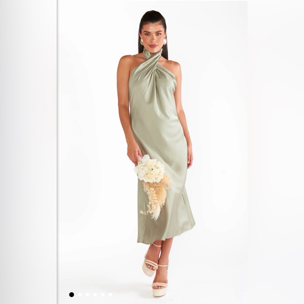 Show Me Your Mumu Jasmine Halter Midi Dress Moss Green Luxe Satin, Size M